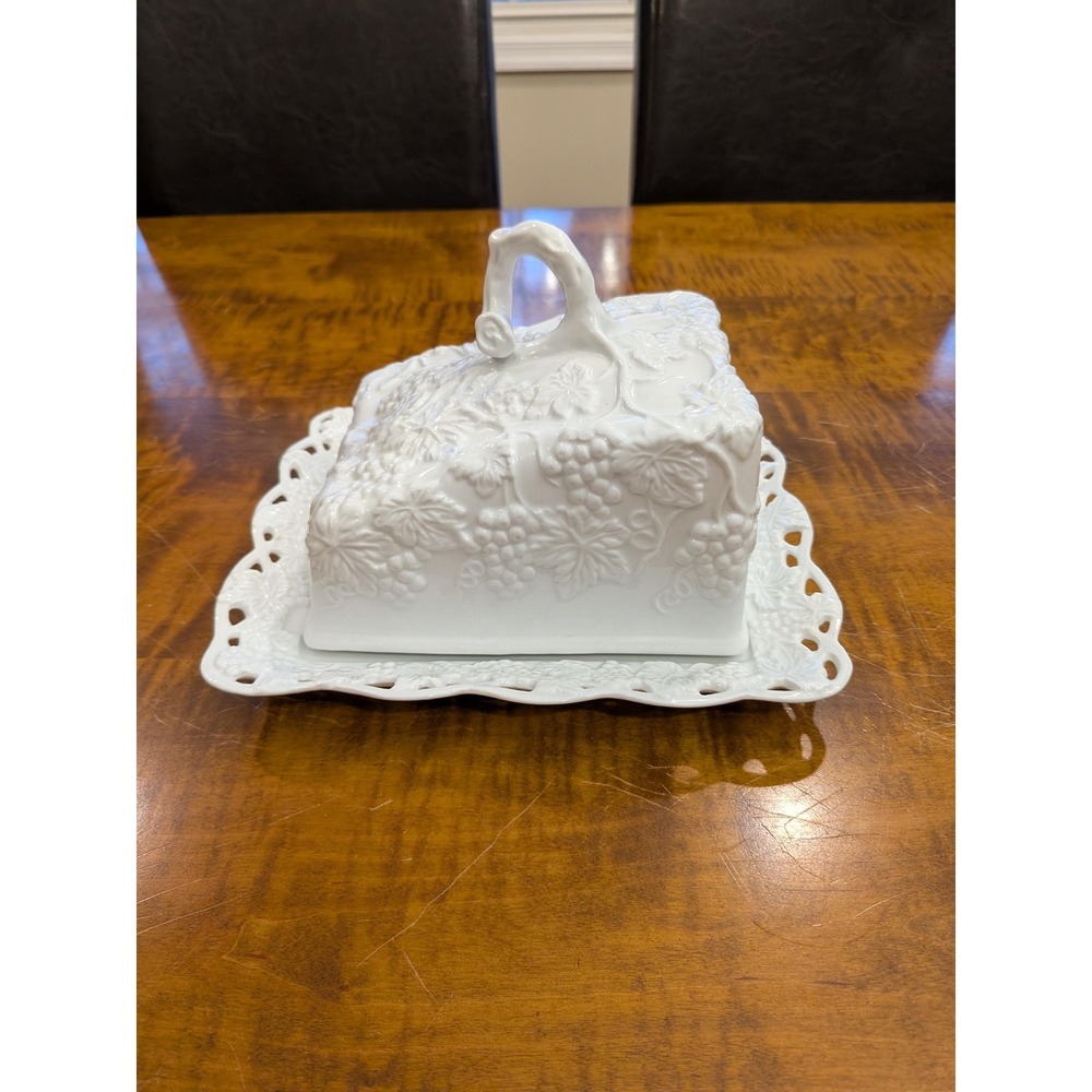 Vintage Porcelain Cheese Plate And Cover Embossed Grape And Leaf Motif
